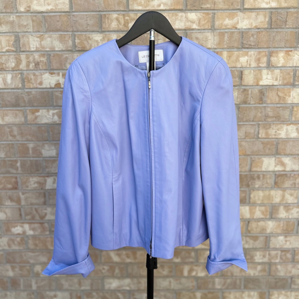 Liz Claiborne Light Purple Collarless Leather Jacket Zip Front Cuffed Sleeve 10